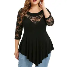 

Plus Size Women Blouse Solid Floral Lace O-Neck Asymmetric Top Women Three Quarter Tops Female Short Sleeve Blusas Pullover