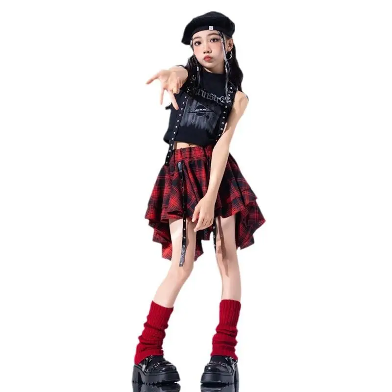 Hip Hop Girls Crop Top Plaid Street Dance Skirt Kids Ribbon Pleated Skirts Teens Jazz Cool Costumes Child Streetwear Clothes Set 2