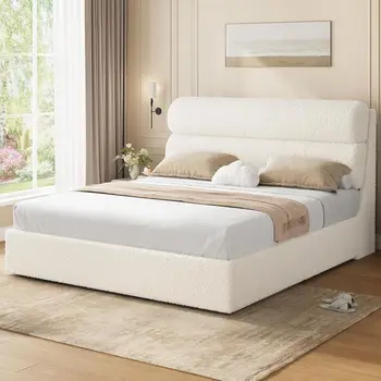 King Size Upholstered Bed with Cream Headboard, Wood Slat Support 1