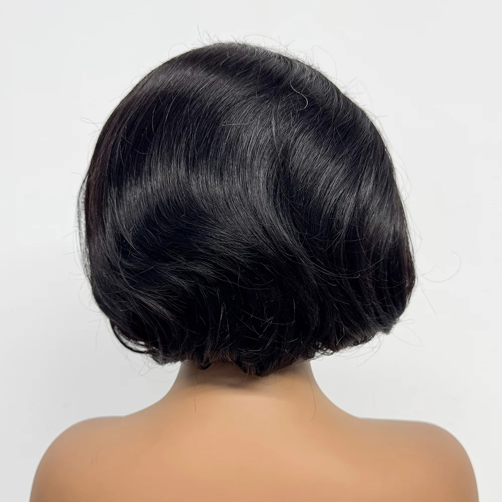 Full 300% Density C Part Straight Wig 5x5 Transparent Lace Double Drawn Pixie Straight Bob Human Hair Wigs For Black Women