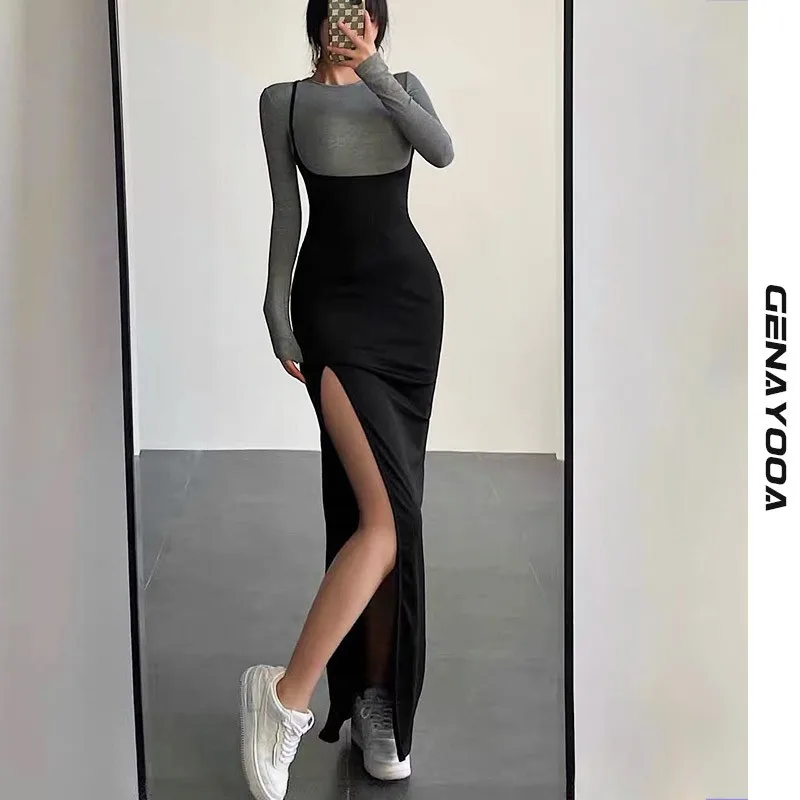 

Sexy Split Design Dress Set For Women Korean Style Spring Autumn Long Sleeve T-Shirt Women Two Piece Set Elastic Slim Dresses