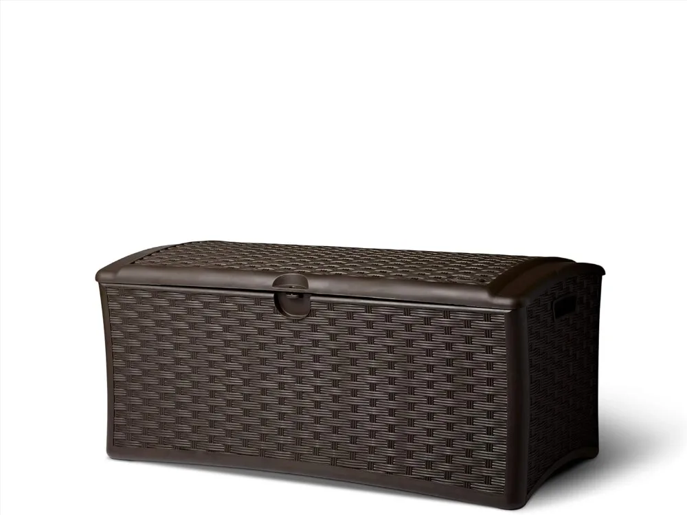 Suncast 72 Gallon Capacity Easy Assembly Plastic Wicker Outdoor Patio Storage Deck Box for Storing Furniture Cushions