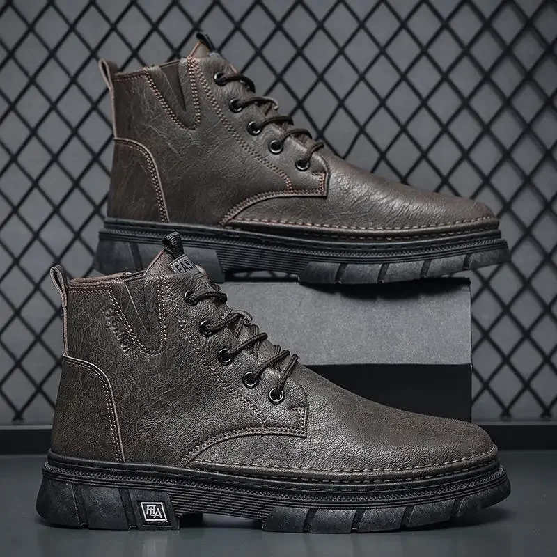 

Men's board shoes new fall British style mid-top casual work leather shoes black senior sense of high-top men's shoes