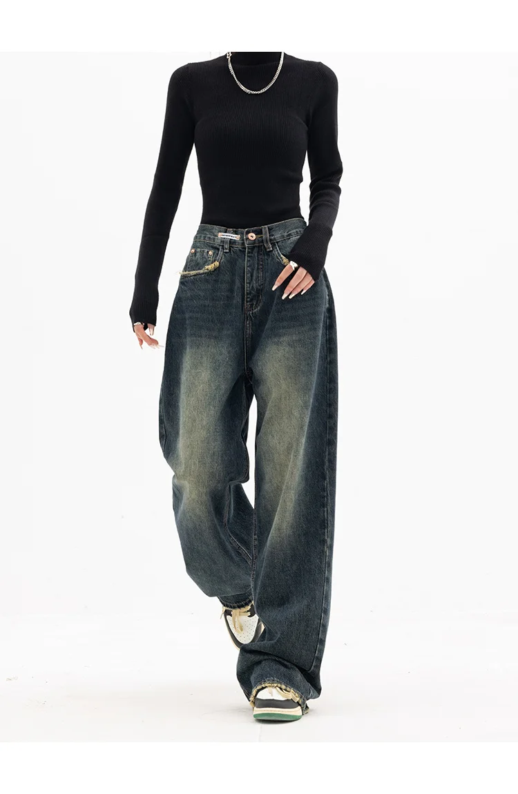 Vintage BF Style High Waist Women's Jeans: Streetwear Loose Wide Leg Denim Trousers - true deals club