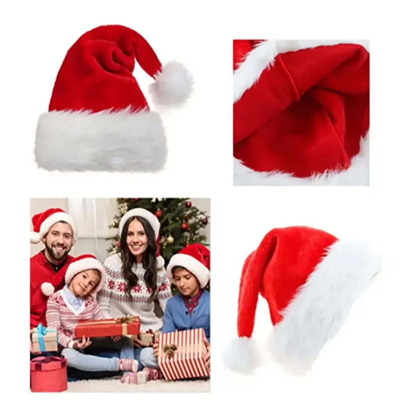 Red Gold Silk Velvet Border Christmas Hat for Adults and Children Snowman Elk Santa Claus Hat Decoration christmas beanie hat