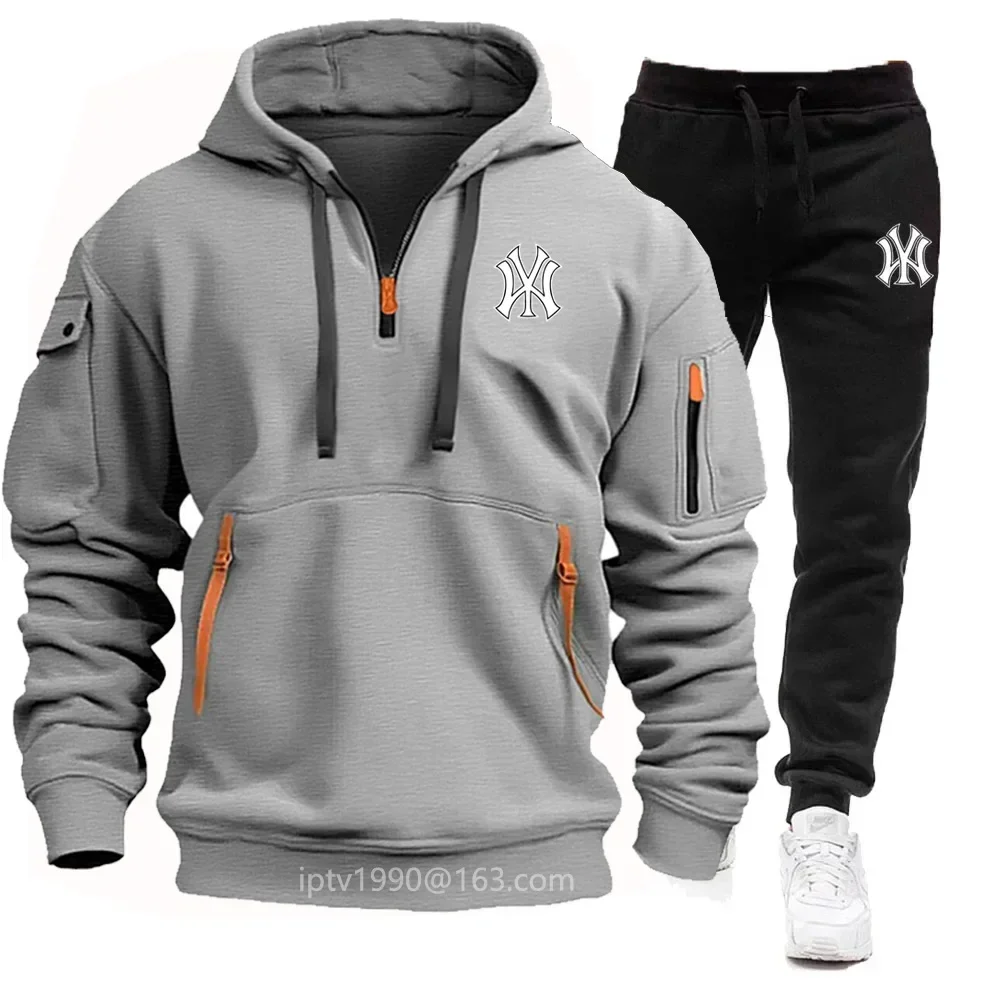 Tracksuit Mens Sets Hoodie + Pants Two-piece Multi-pocket Zipper High Quality Autumn Winter Sportswear Fashion Suit Men Clothing 6