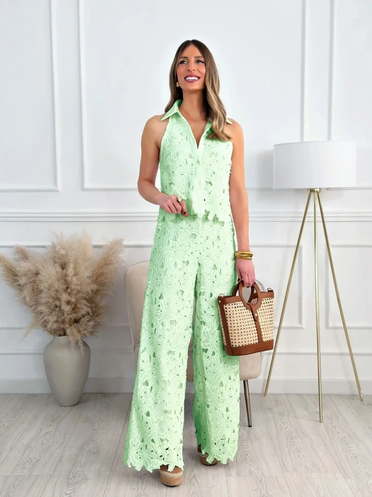 Wmstar Two Piece Sets Women Wholesale Summer Embroidered Perforated V Neck Vest Top Wide Leg Straight Trousers Set Maching Suit