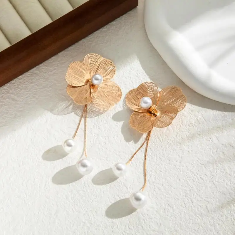 Romantic Flower Petal Long Tassel Drop Earrings For Women Trend Imitation Pearl Hanging Piercing Earrings Wed Jewelry Gift drop earrings