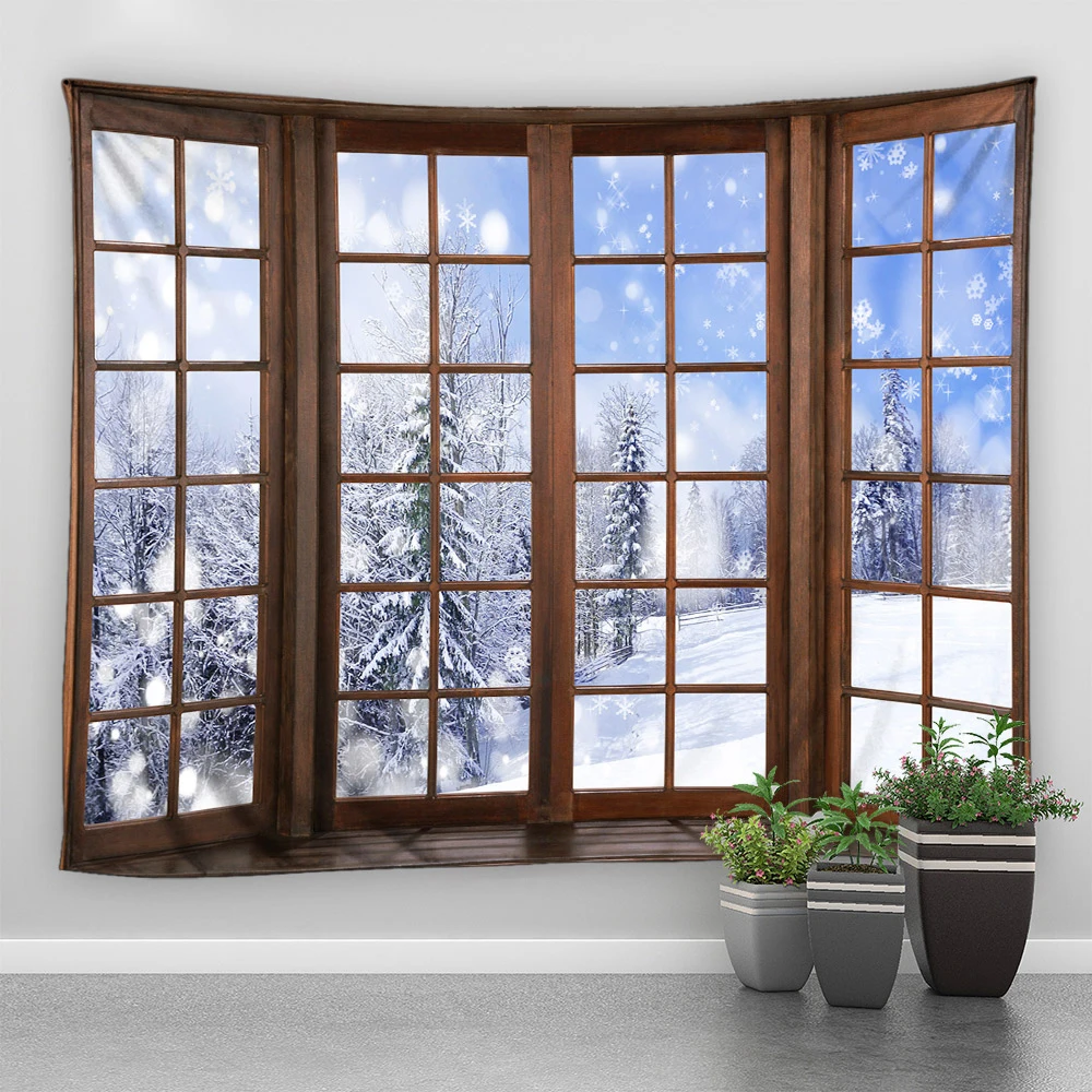 thumbnail image 1 of Tapiz con estampado de muñeco de nieve y alce con paisaje de nieve de invierno para decoración de pared del hogar, sala de estar y dormitorio, 1 of 5