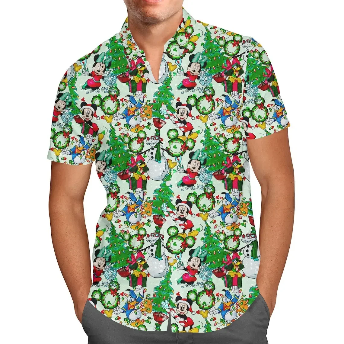 Mickey Christmas Hawaiian Casual Short Sleeved Shirt Men's Women Short Sleeve Button Up Shirt Disney Christmas Hawaiian Casual Beach Kids