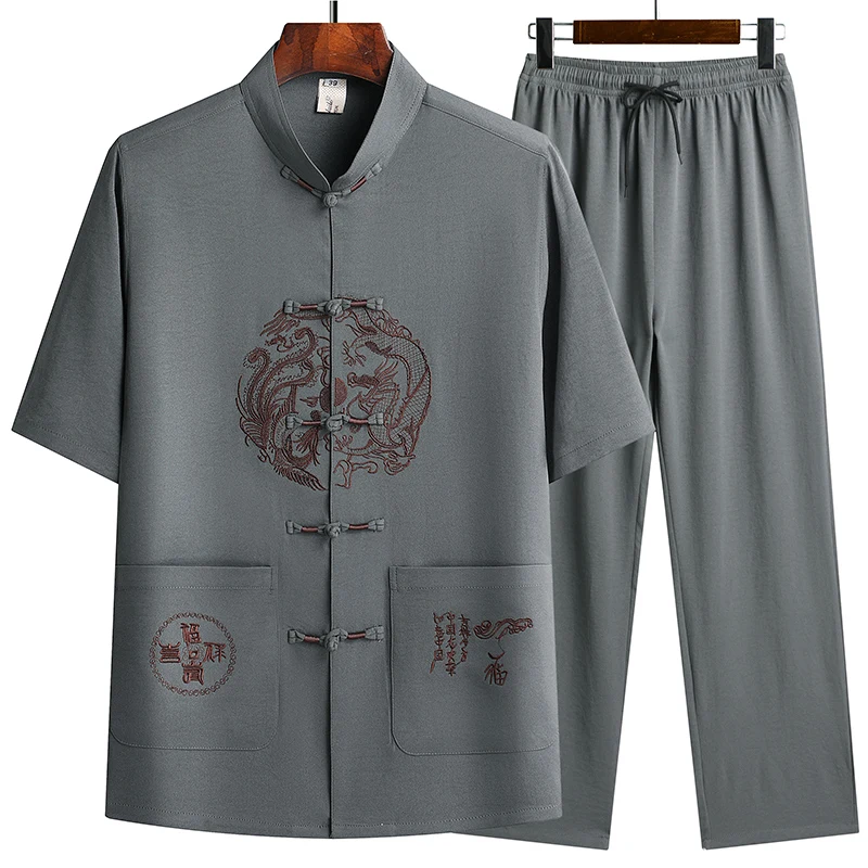 Linen (top + Pants) Middle-aged Ruffled Linen Chinese Tang Suit Men's Chinese Style Hanfu Grandpa Linen Lay Suit 5