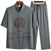 Linen (top + Pants) Middle-aged Ruffled Linen Chinese Tang Suit Men's Chinese Style Hanfu Grandpa Linen Lay Suit 5