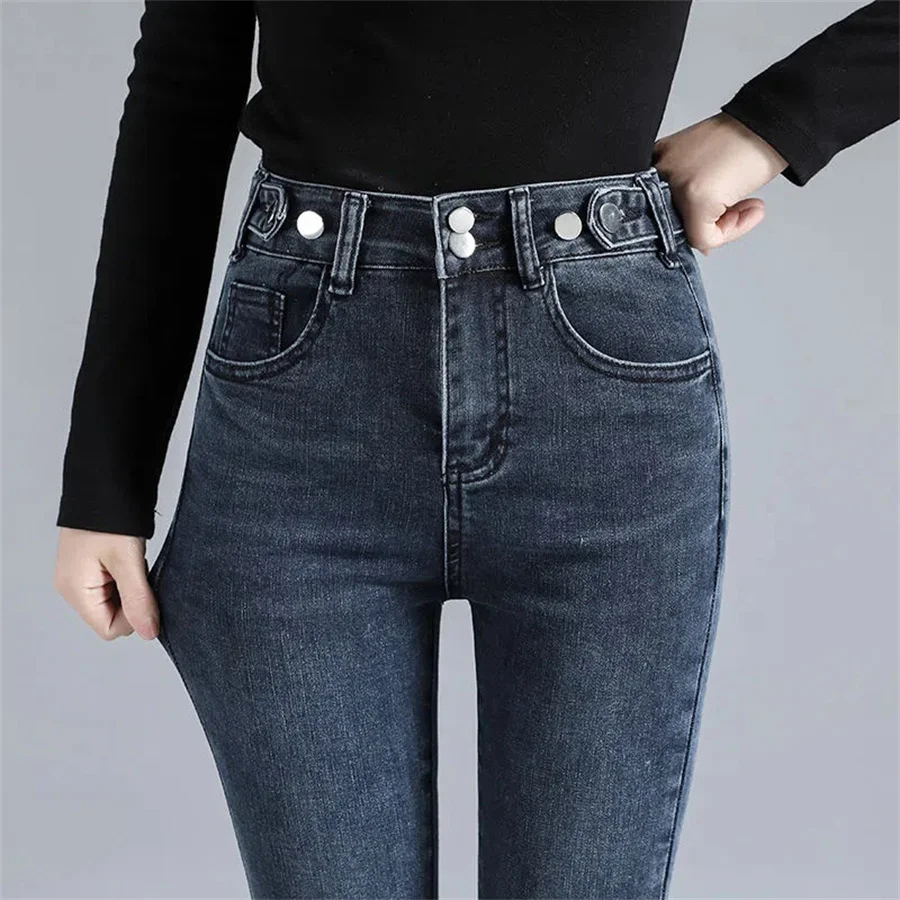 

Korean High Waist Skinny Ankle-length Women's Pencil Jeans Casual Double Button Slim Stretch Women Pants Streetwear Denim Pants