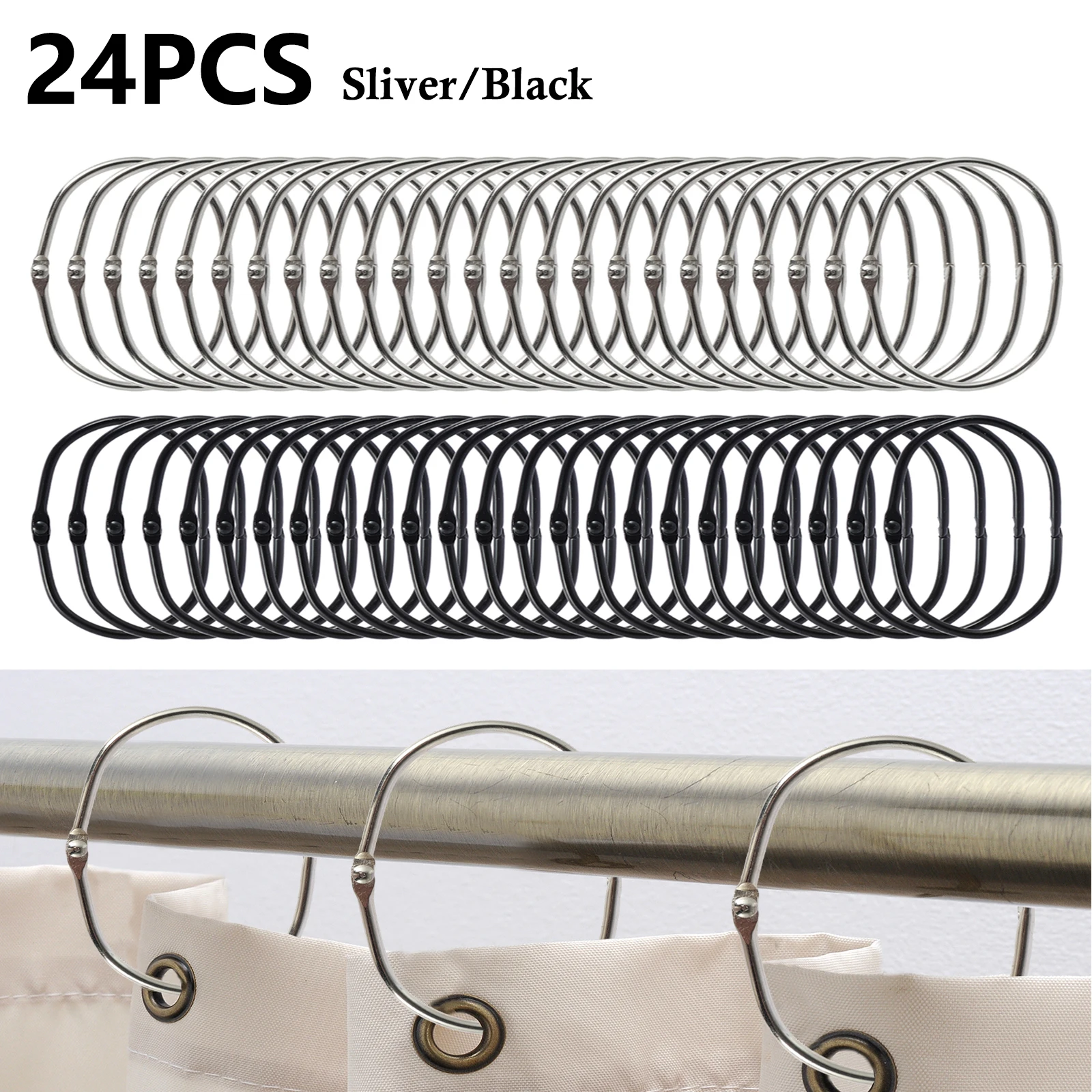 24 Pcs snap-on shower curtain hook anti-rust iron shower curtain ring oval multipurpose home bathroom shower rod curtain hook