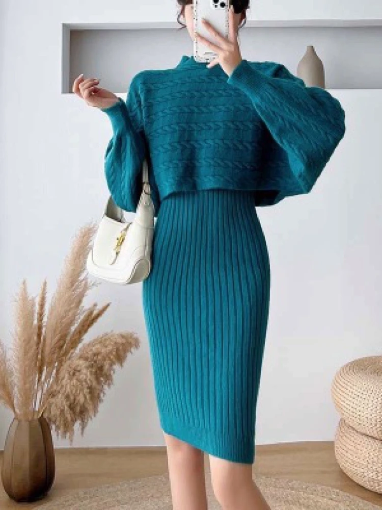 

Sexy Two Piece Set Women Korean Pullovers Sweater Loose Blouse 2023 Autumn Winter Knitted Camisole Dress Office Lady 2pcs Suits