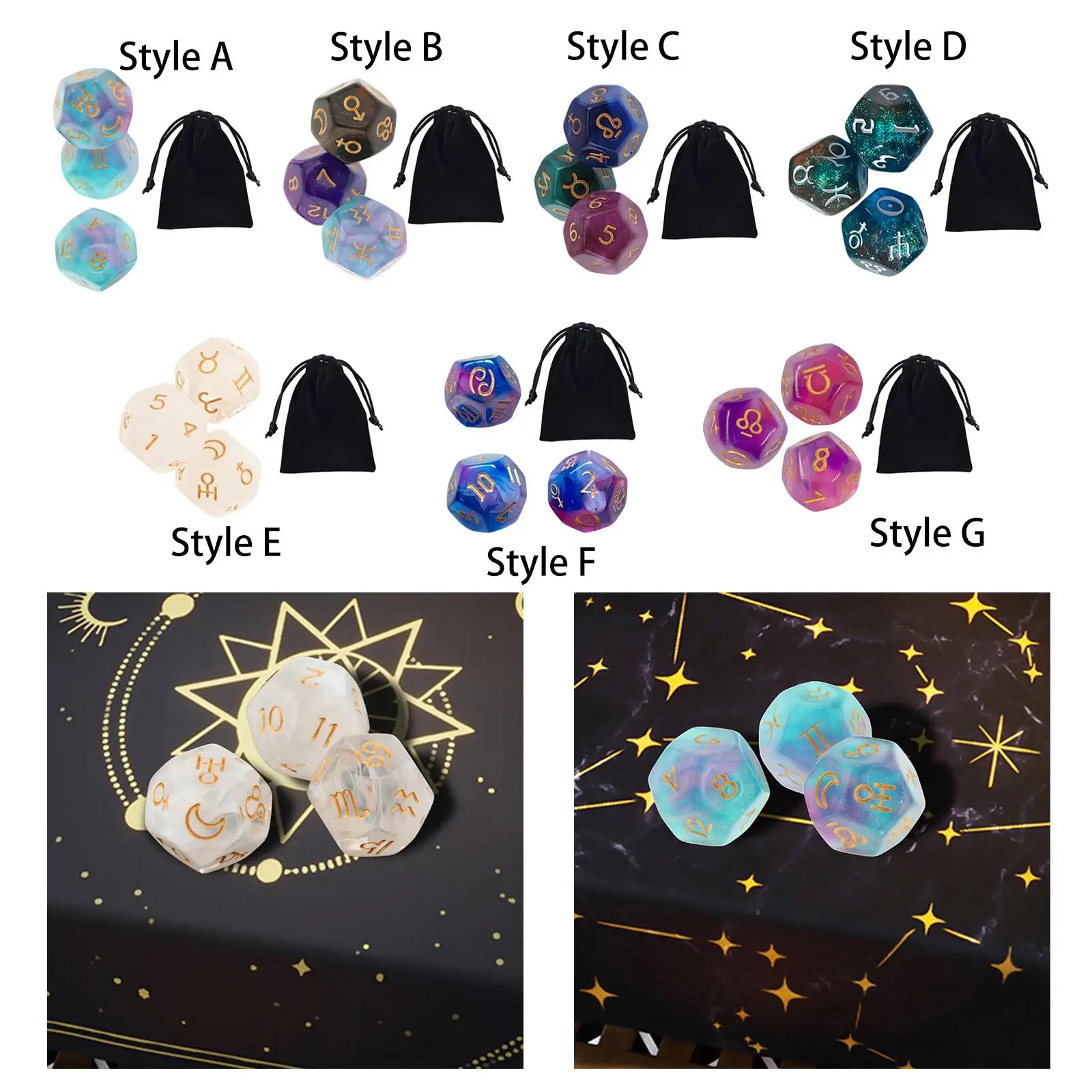 3Pcs Acrylic Astrology Dice Constellation dice Polyhedral Dices Set with Bag