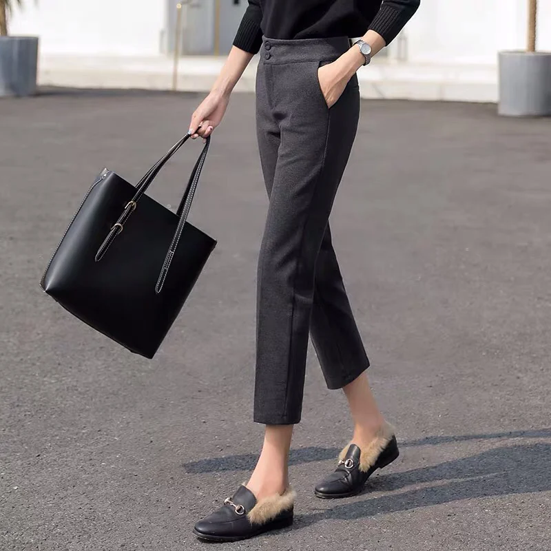 Women Elegant Woolden Harem Pants Autumn Winter Button Wool Blend Ankle-Length Suit Pants Office Lady Korean High Waist Trousers