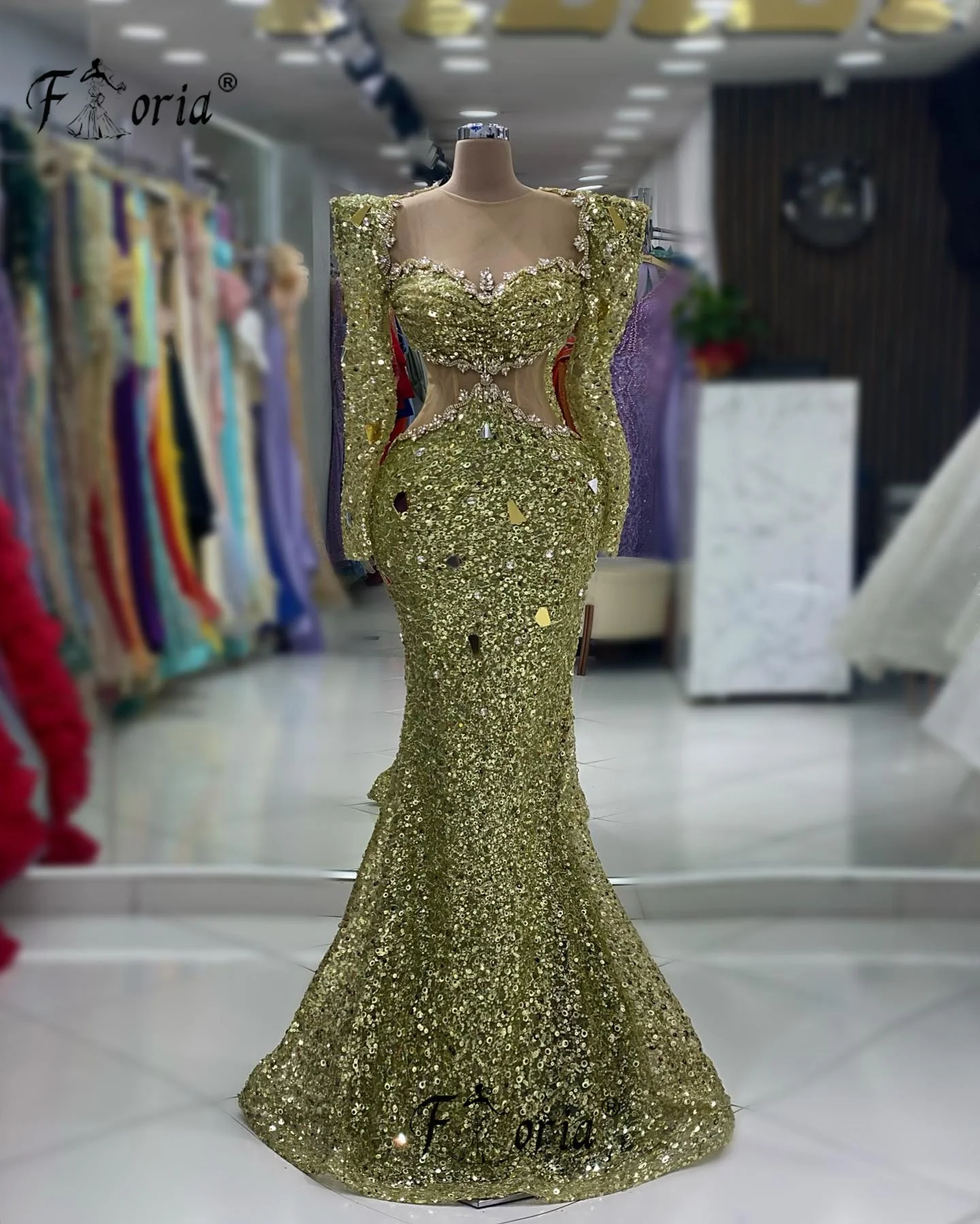 

Charming Bling Bling Sequin Crystal Dubai Party Dress Formal Long Sleeve Mermaid Evening Dresses Celebrity Gowns Couture Robes