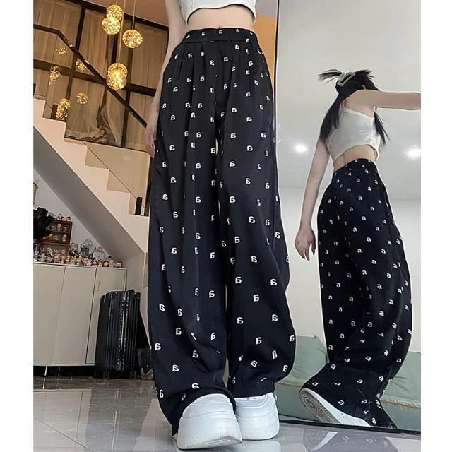 캐주얼 벨 바지 여성 바닥 길이 바지 여름 얇은 스타일 드레이프 아이스 실크 쿨 바지 편지 에어컨 바지 