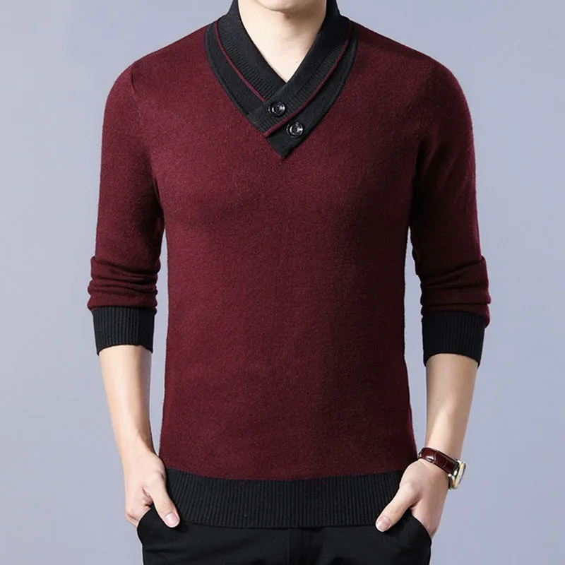 Autumn Winter New Shirt for Men Sweater Long Sleeve Plush V-Neck Fashion Casual Button Splice Pullover Knitted Patchwork Tops