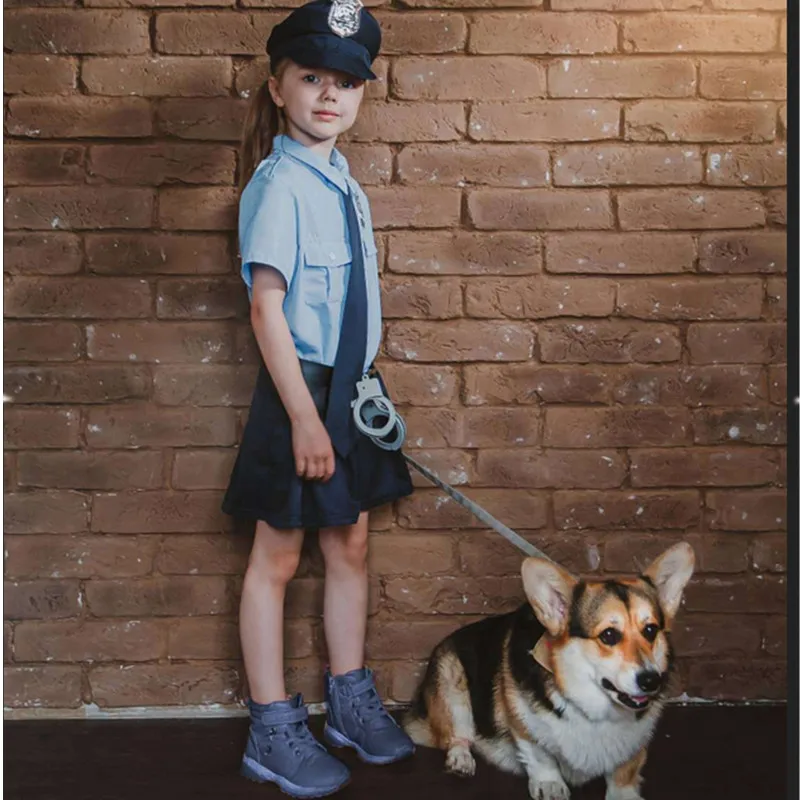 Girls Police Officer Dress Costume Halloween Costume Set Shirt Roll-Up Top Lace-Up Police Woman Dress + Hat Playset