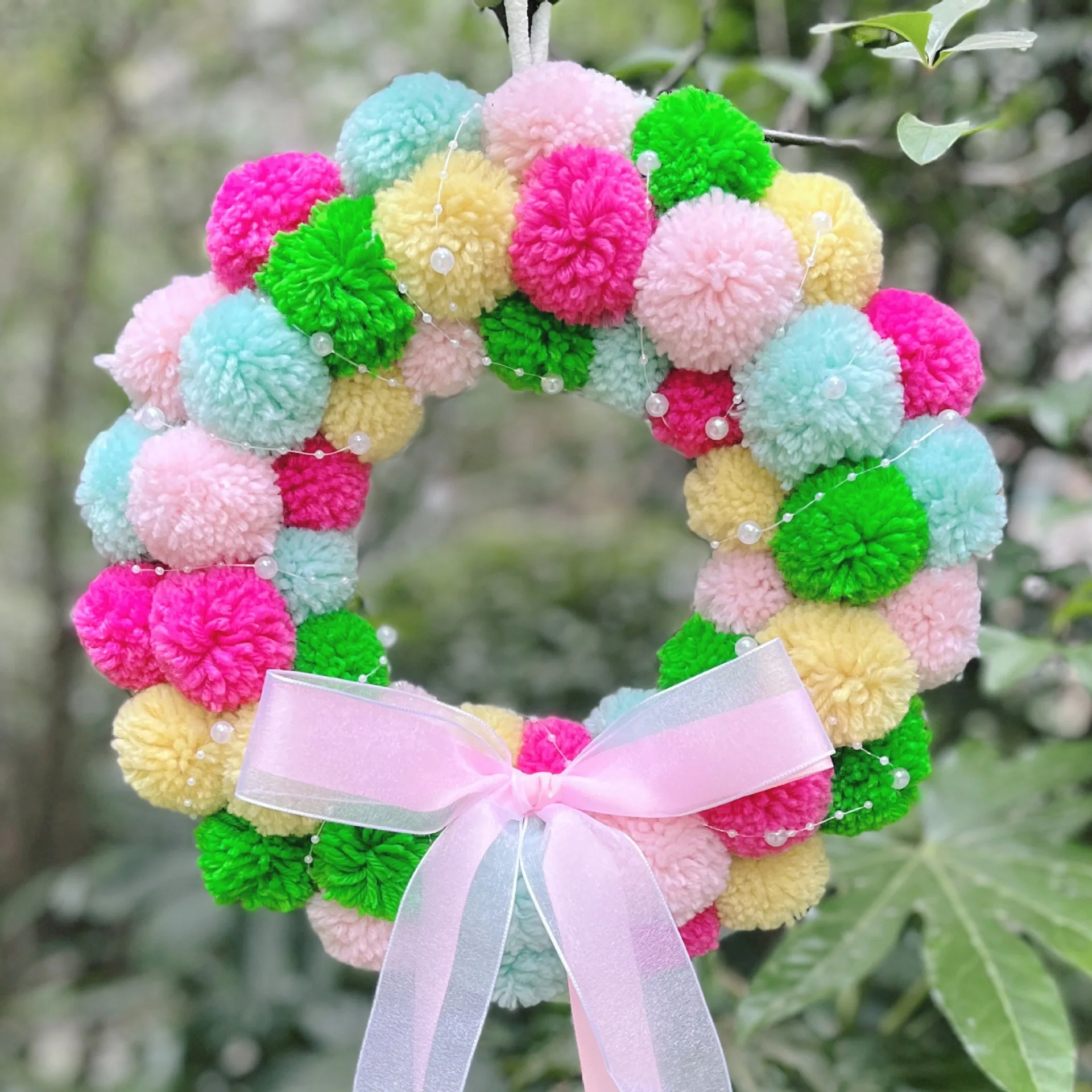 easter Wreath Felt Pom Pom Wreath Balls 11.8 Inch Decorations Colorful Felt Ball