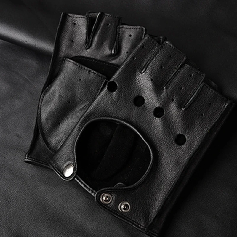 Leather Gloves Men's Half Finger Fitness Sports Driving Anti-skid Strong Wear-resistant Driving Retro Motorcycle Sheepskin Glove 5