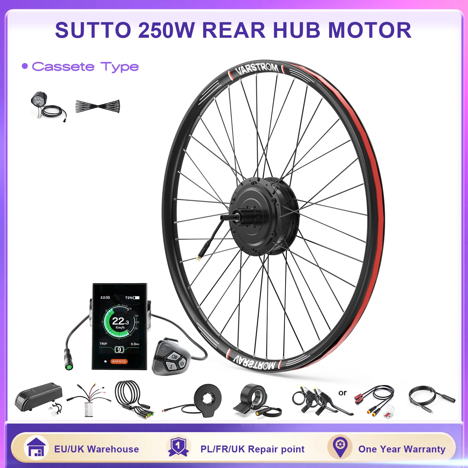 SUTTO 250W Rear Wheel Motor Kit Electric Bicycle Conversion Kits 36V Hub Motor Kit For Cassette Type Disc Brake With LCD Display