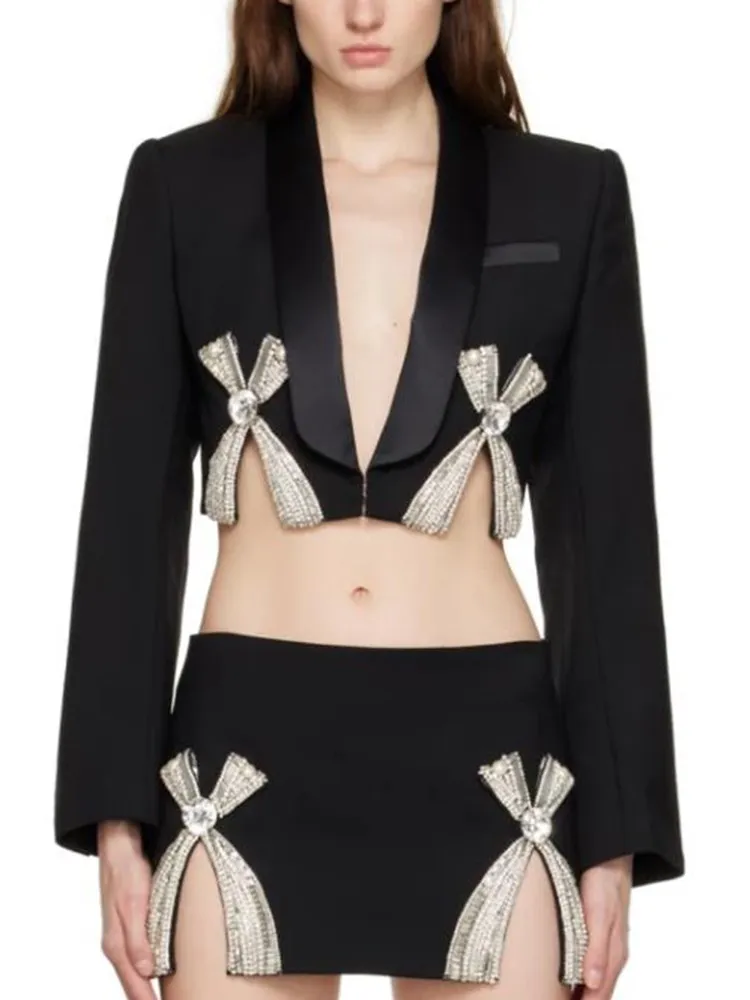 KBQ Temperament Spliced Diamonds Blazer For Women V Neck Long Sleeve Solid Split Straight Cropped Blazers Female Clothing New