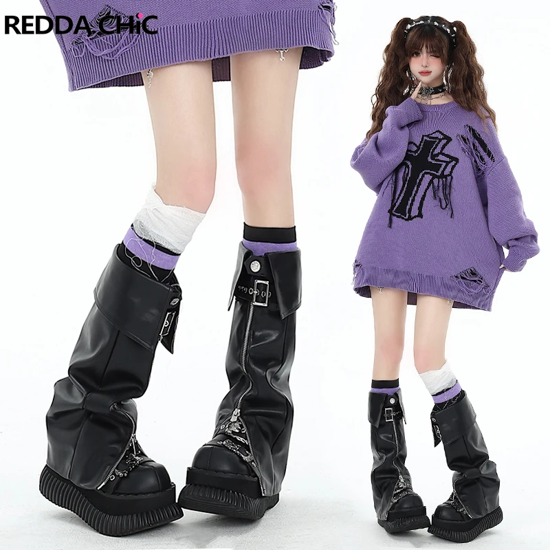 

ReddaChic Deconstructed Leather Leg Warmers Women Y2k Dark Punk Zip-up Belted Leg Gaiter Black Knee Long Socks Vintage Clothes