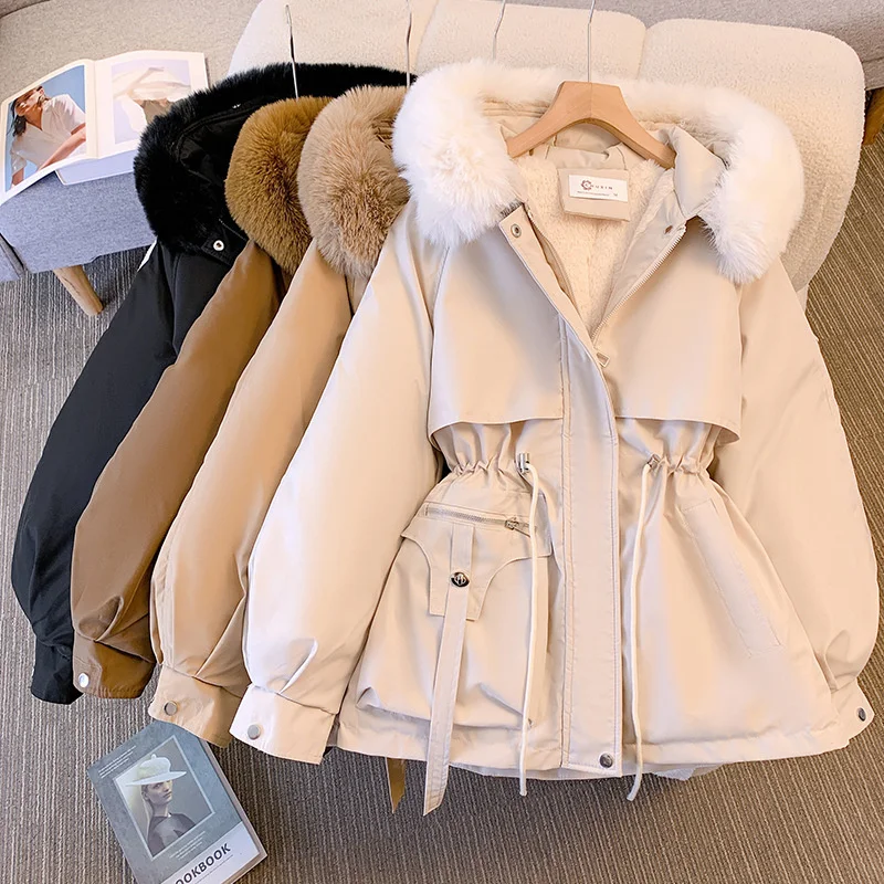 Fleece Fur Liner Parkas Winter Short Coat Women Cotton-Padded Jacket Loose Drawstring Outwear Female Hooded Fur Collar Overcoat