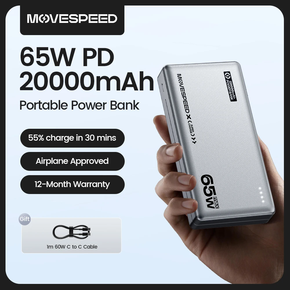 Power Bank MOVESPEED E20 65W 20000mAh Type C Fast Charging External Battery Portable Charger for MacBook Lenovo Laptop