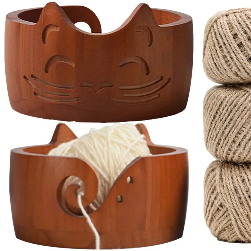 Yarn Storage Bowl Wood Wool Round Cat Shaped for Knitting Yarn