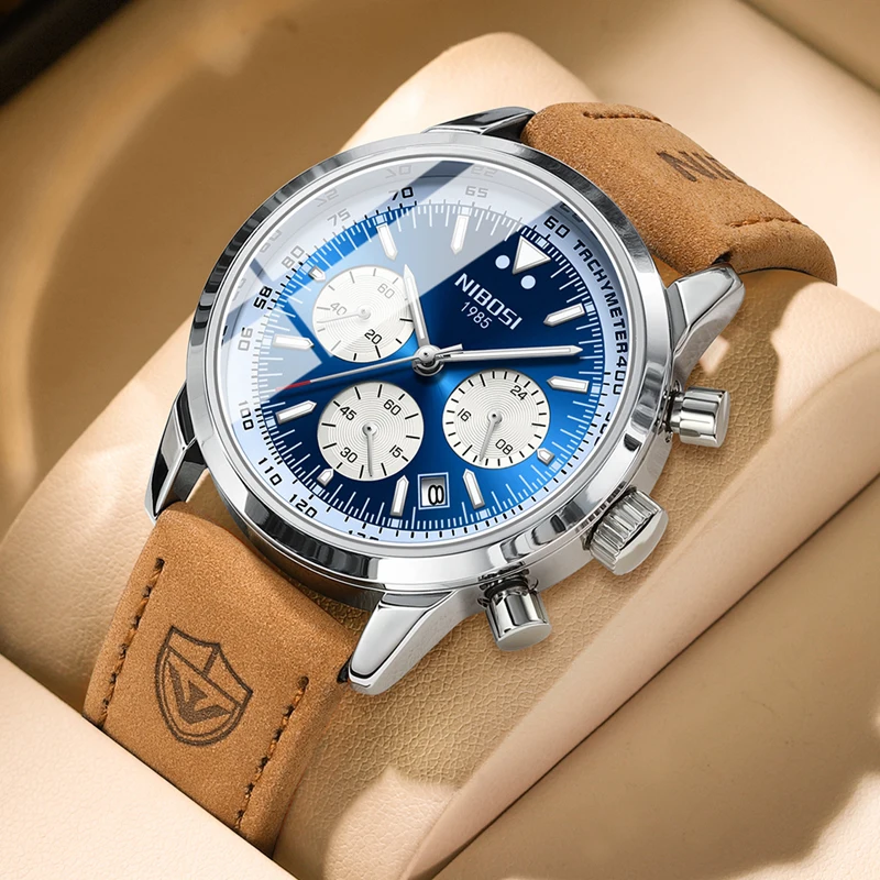 NIBOSI New Fashion Quartz Watch for Men Leather Waterproof Luminous Date Sports Chronograph Wristwatches Mens Relogio Masculino