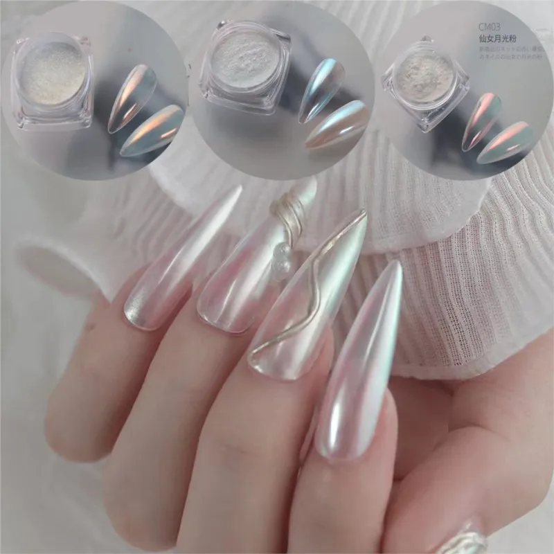 

1Jar White Chrome Pearl Nail Powder Shimmer Glitter Wedding Bride Nail Design Aurora Rubbing Dust Mirror Effect Fairy Powder #FT