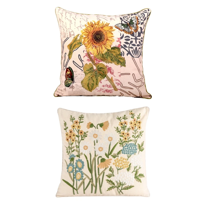 

Nordic Rustic Linen Throw Pillow for Case Vintage Embroidered Farmhouse Decorative Cushion Cover