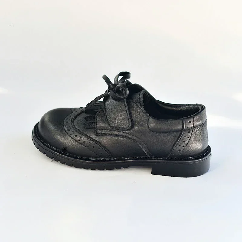 Children's Kids Dress Baroque Cowhide Shoes For Boys Girls Genuine Leather School Show Flats Classic British Winter Matte Black