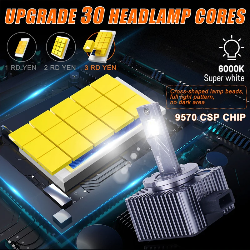 오스람 45W D1S D3S 헤드라이트 전구 D3S LED 캔버스 30PCS CSP 자동차 LED 램프 자동차 조명 6000K D1S D3S HID 크세논 교체용