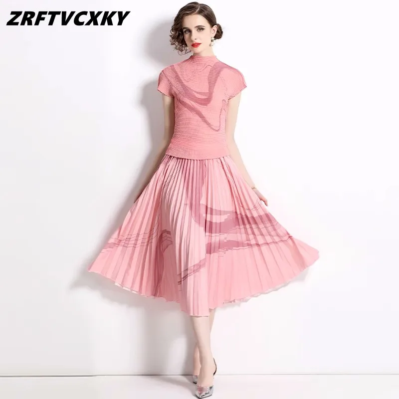 

Skirts Two Piece Suit Women Runway Stretchy Pullover Tops + Chic Pleated A-Line Skirts Set Lady Summer Casual Matching Outfits