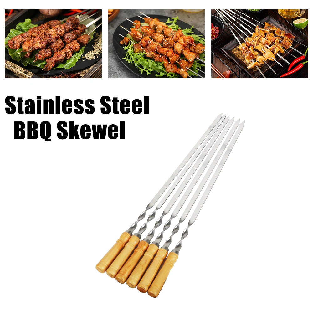 Wood BBQ Fork Stainless steel Outdoors Grill Needle BBQ Skewers Long Handle Shish Kebab Barbecue Grill Stick 55cm 21.65"