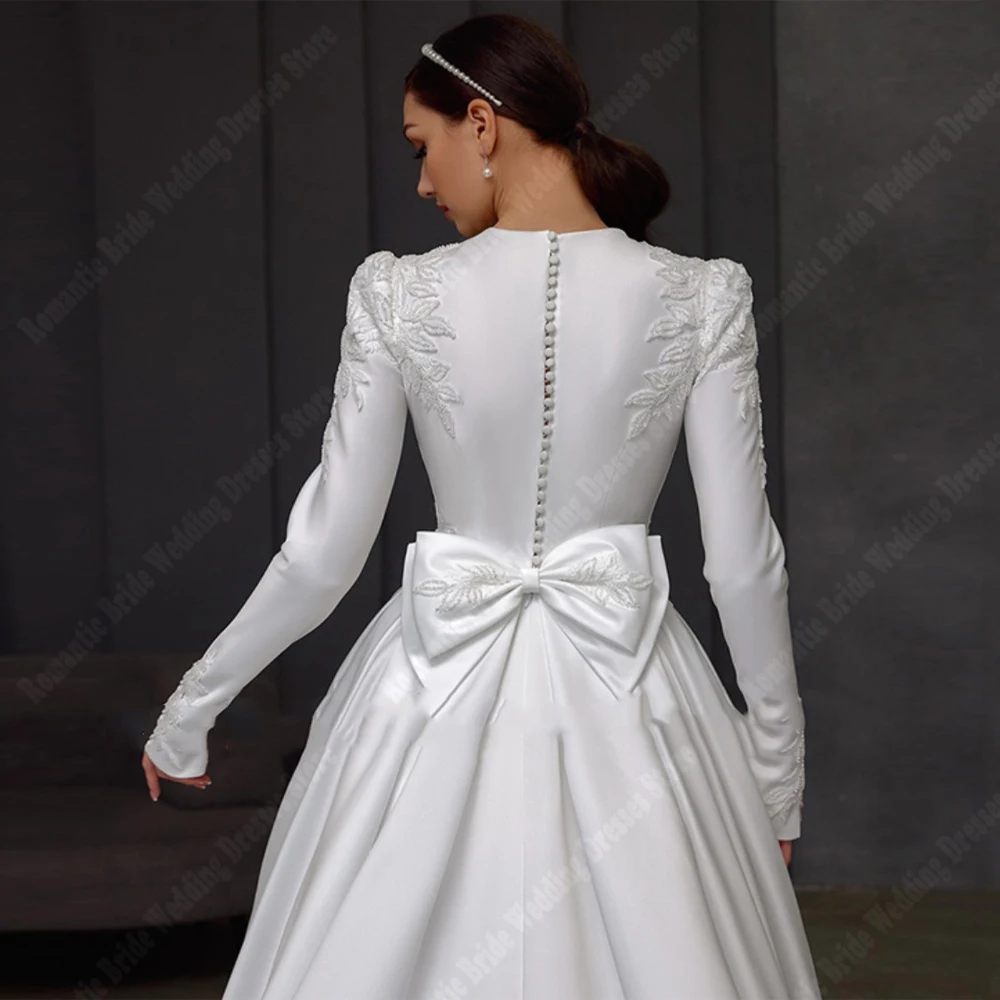 Elegant Satin A-Line Women Wedding Dresses Vintage Long Sleeves Bride Gowns Smooth Satin Beach Ball Vestido De Novias Customized 4