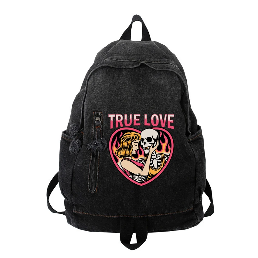 

Men Women's Denim Backpack Personalized Funny "True Love" Printed New Fashion Versatile Hip Hop Harajuku Streetwear Backpack