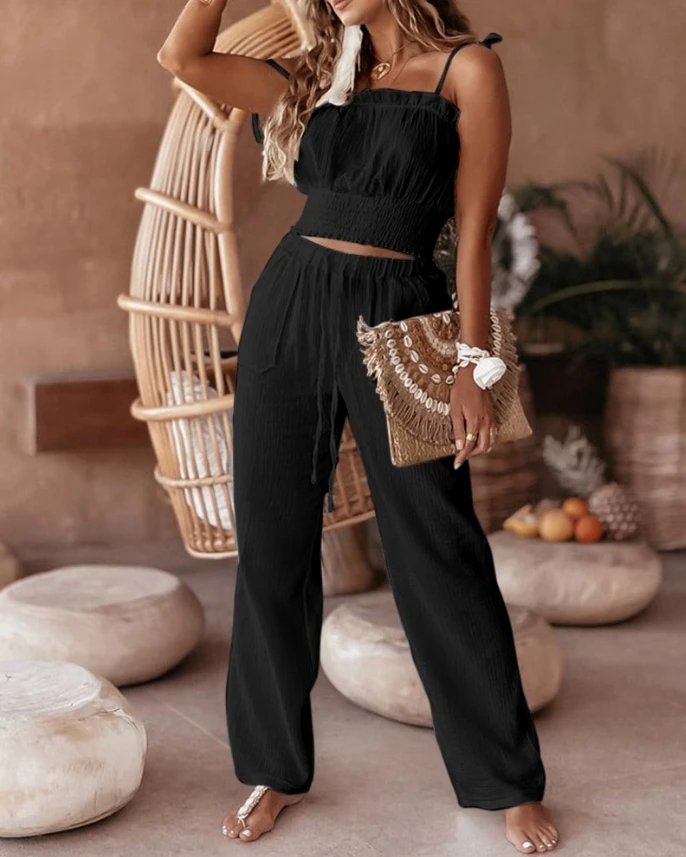 Women's Summer Sexy 2024 New Solid Casual Fashion Set Temperament Frill Hem Shirred Cami Top Drawstring Pants Set