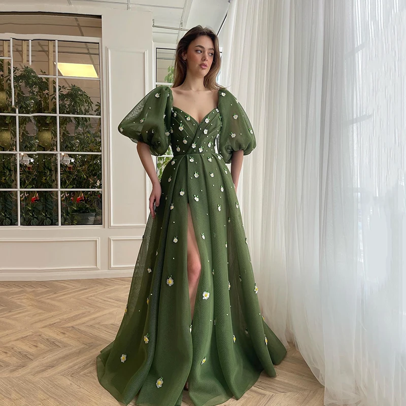 

Официальное Платье-трапеция для выпускного вечера, с пышными рукавами и высоким разрезом, платье с аппликацией, коктейльное платье в стиле Саудовской Аравии, Индивидуальный размер