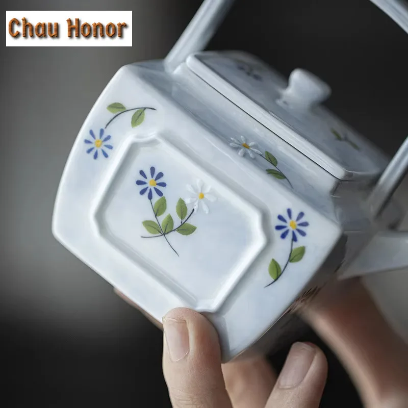180ML Hand-painted Small Daisy Lifting Beam Teapot Zen Square Pot Tea Brewing Kettle with Infuser Teaset Equipment Collection