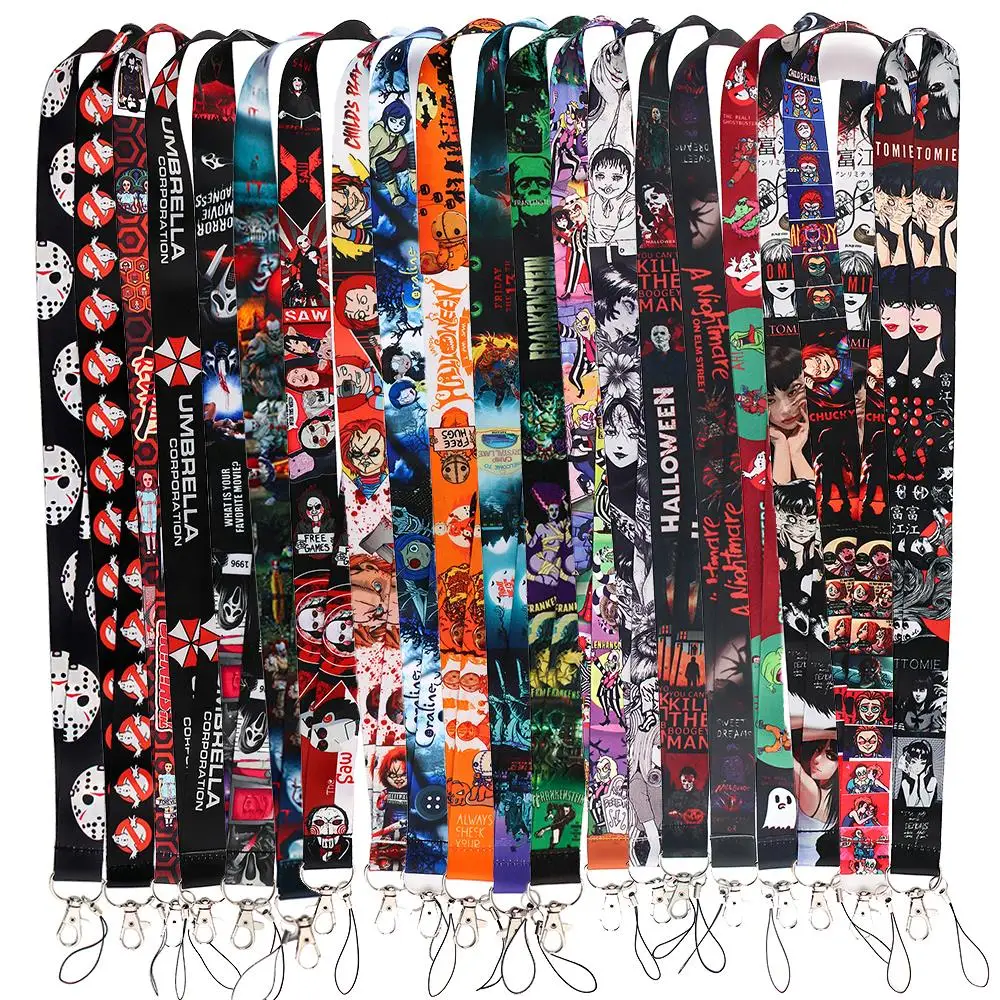 Cordones de terror de Halloween, 20 Uds./lote, venta al por mayor, Anime, teléfono móvil, correas de cuello, llavero, identificación, tarjeta de crédito, soporte para insignia, regalos