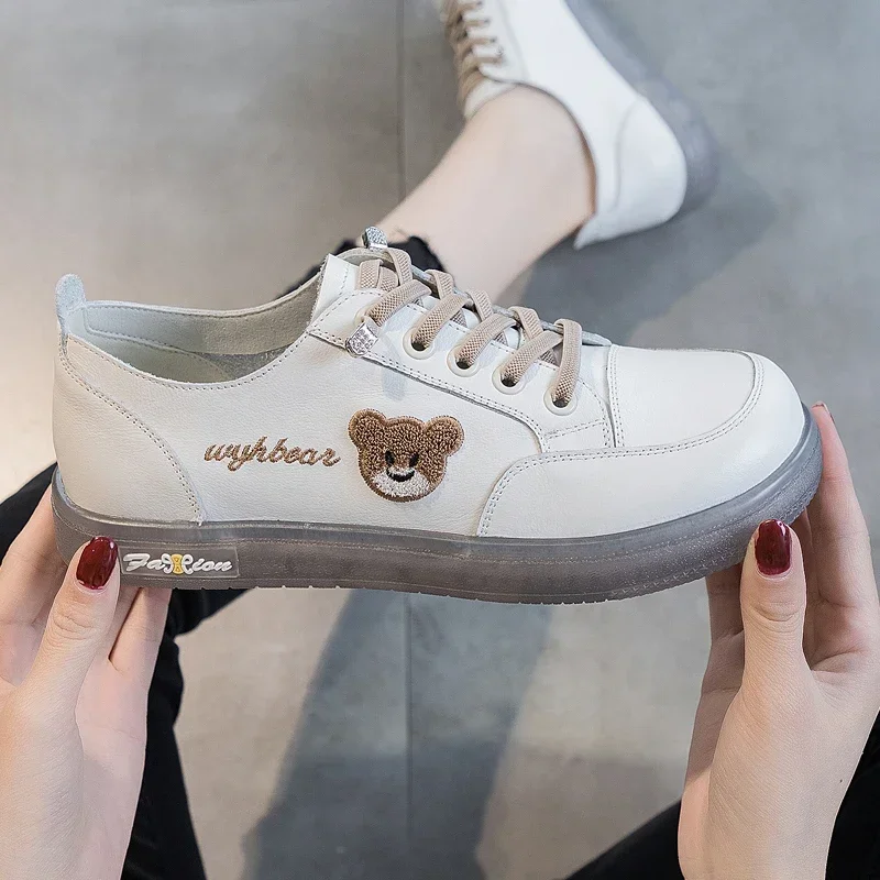 

Spring Genuine Leather Loafers 2023 New Women Casual Lace-up Women's Nurse Shoes Flat White Women Sneakers Big Size 42