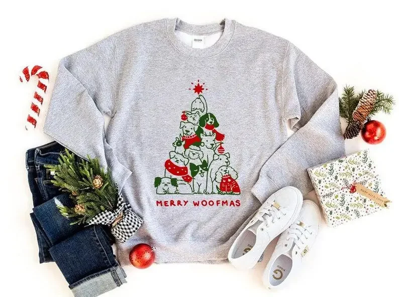 Merry Woofmas, Dog Lover Christmas Sweatshirt With  Sweater, Apparel  Cotton Solid Thicken Warm Women Sweatshirts Lady Fashion