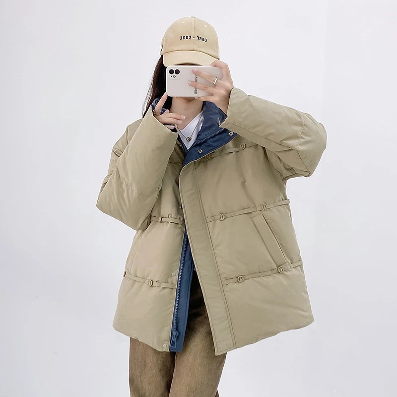 Contrast Color Fashion Thickening Stand Collar White Duck down Bread Coat Winter Coat Short down Jacket for Women