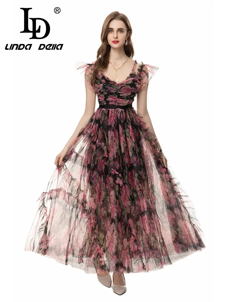 

LD LINDA DELLA Summer Bohemia elegant Dress Women's Net Yarn Floral Print Strapless Butterfly Sleeve Spaghetti Strap Vestidos